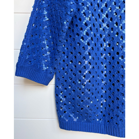 Chicos Size 1 | M /8 Sasha Sequin Pullover Sweater Royal Blue Open Knit Sparkly - Picture 3 of 11